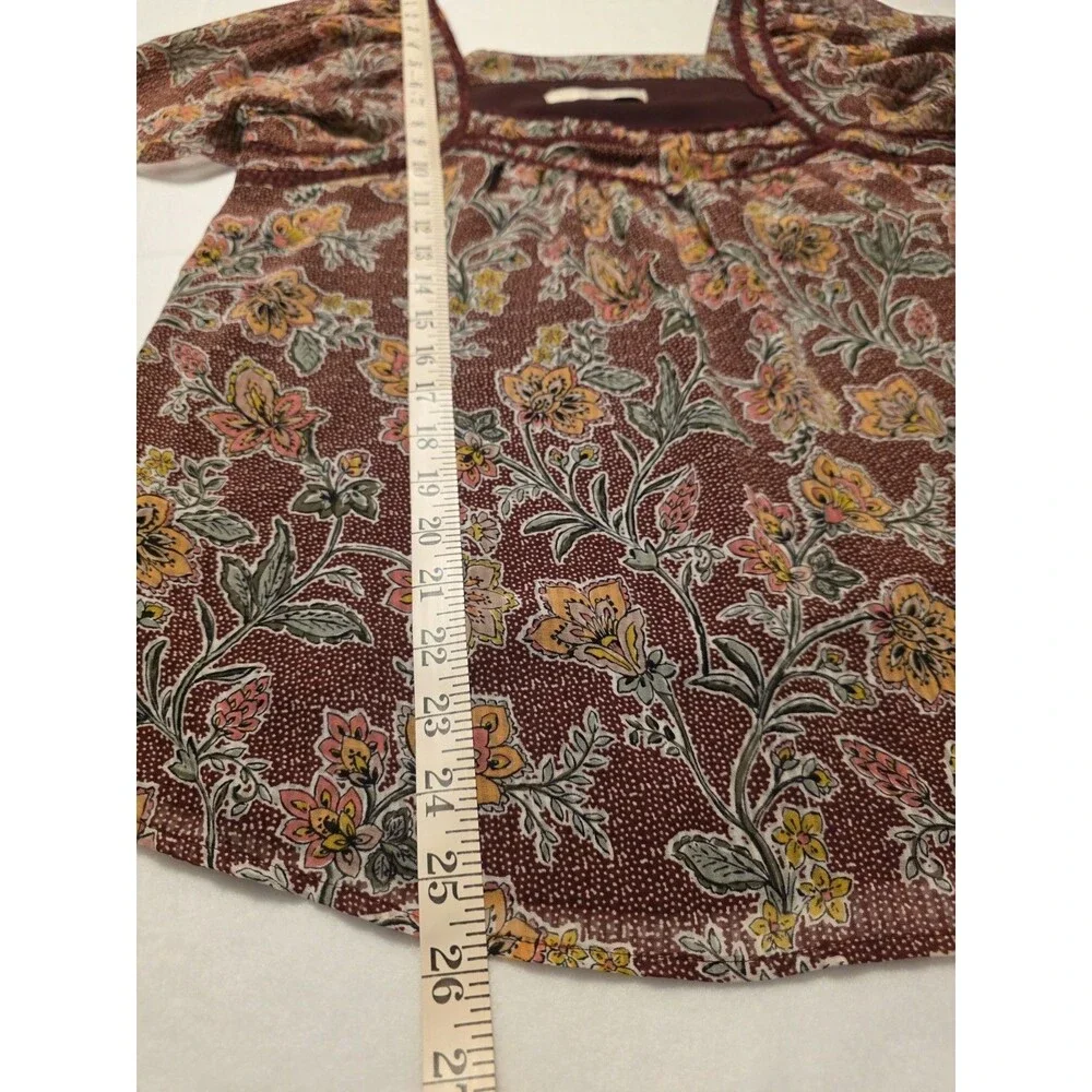 LOFT Women's M Burgundy Multicolor Floral Square Neck Smocked Puff Sleeve Blouse